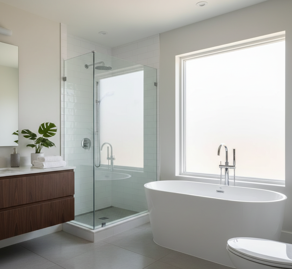 Sparkling clean modern bathroom featuring a white freestanding soaking tub, a glass-enclosed walk-in shower, and a dark wood floating vanity.